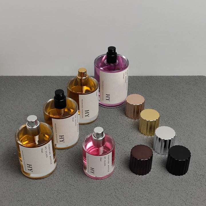 Luxury Classic Cylinder Perfume Glass Bottle 30/50/100ml Glossy Metallic Cap with Pump Sprayer Ready to Ship