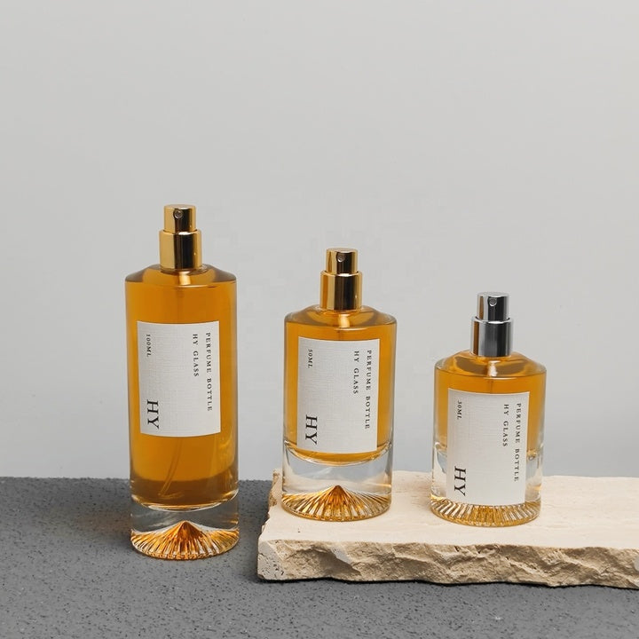 Luxury Tall Cylinder Glass Perfume Bottles 30ml 50ml 100ml Unique Bottom with Pump Sprayer Atomizer and Gold Silver Caps