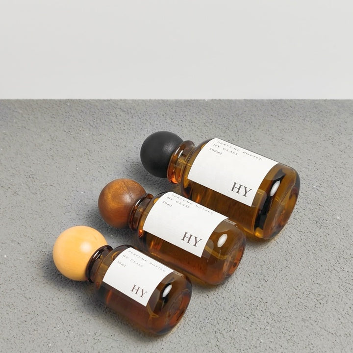 High Quality 30ml 50ml 100ml Crimp Neck Amber Perfume Bottles with Wooden for Ball Caps and Pump Sprayer Wholesale