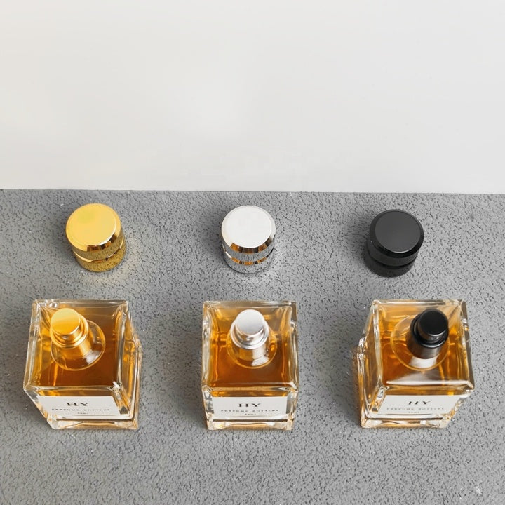 Custom Logo Luxury Heavy Glass Perfume Bottle 30ml 50ml 100ml Square Shape with Gold Silver Black Cap and Pump Sprayer Low MOQ