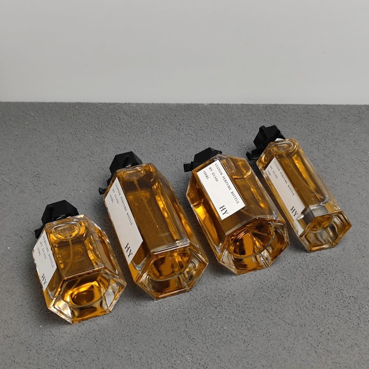 Luxury 50ml & 100ml Hexagon Crimp Glass Perfume Bottles with Black Cap & Pump Sprayer for Sealing