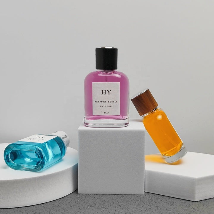 Premium 50ml Flat Easy Crimp Perfume Bottle with Luxury Round Wood Marble Textured Cap Pump Sprayer Seal Cute Design