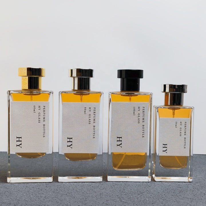 In Stock Luxury Rectangle Perfume Bottles Thick Bottom Metallic Cap 50ml 60ml 80ml 100ml Crimp Neck Pump Sprayer Sealing Type