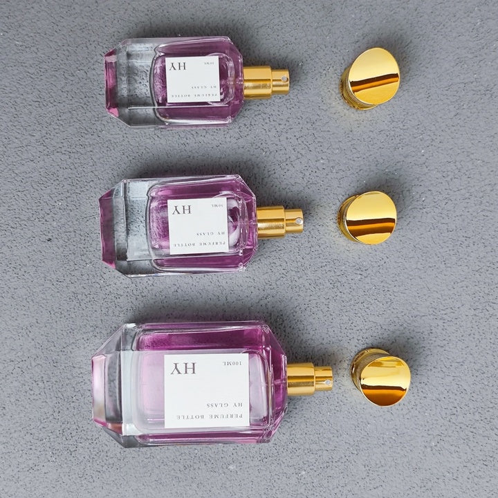 Designer Heavy Glass Perfume Bottles 30ml 50ml 100ml Crimp Faceted with Unique Gold Cap Pump Sprayer Custom Fragrance Packaging