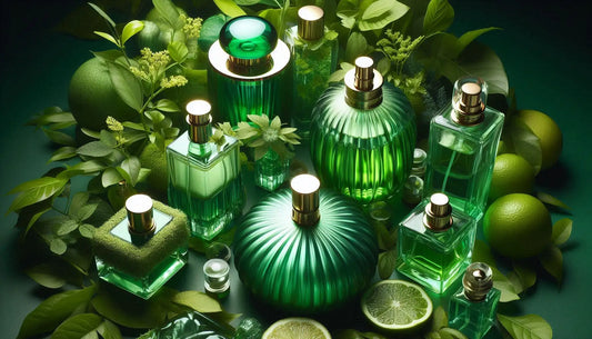 Several green perfume bottles (including lids) of different shapes and sizes echo the vibrant green natural environment, as if these beautiful bottles came from nature, reminding people of environmental protection.
