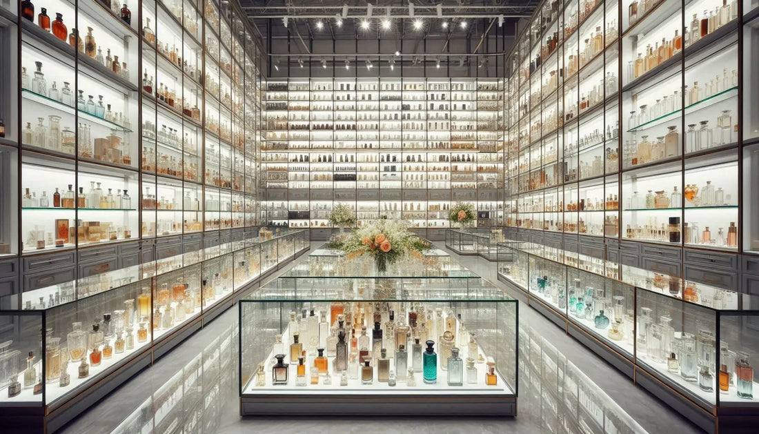 A large exhibition hall filled with glass display cabinets, which are neatly filled with various styles of glass perfume bottles and perfume bottle caps. The products are very rich, showing that this is a professional glass perfume bottle wholesaler.