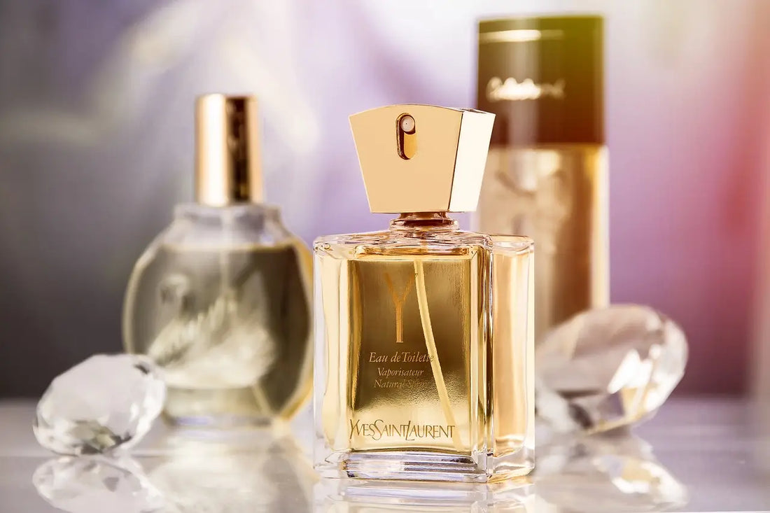 Three luxurious fragrances packaged in different shaped glass bottles