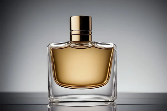 A fine glass square perfume bottle with golden lid