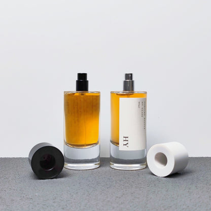 Custom 80ml Luxury Glass Transparent Cylinder Perfume Bottle Minimalist Black White Caps Screen Printing Pump Sprayer Wholesale