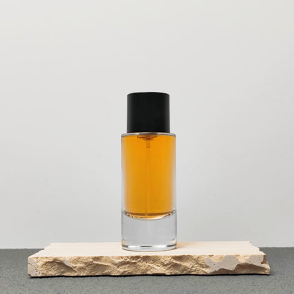 Custom 80ml Luxury Glass Transparent Cylinder Perfume Bottle Minimalist Black White Caps Screen Printing Pump Sprayer Wholesale