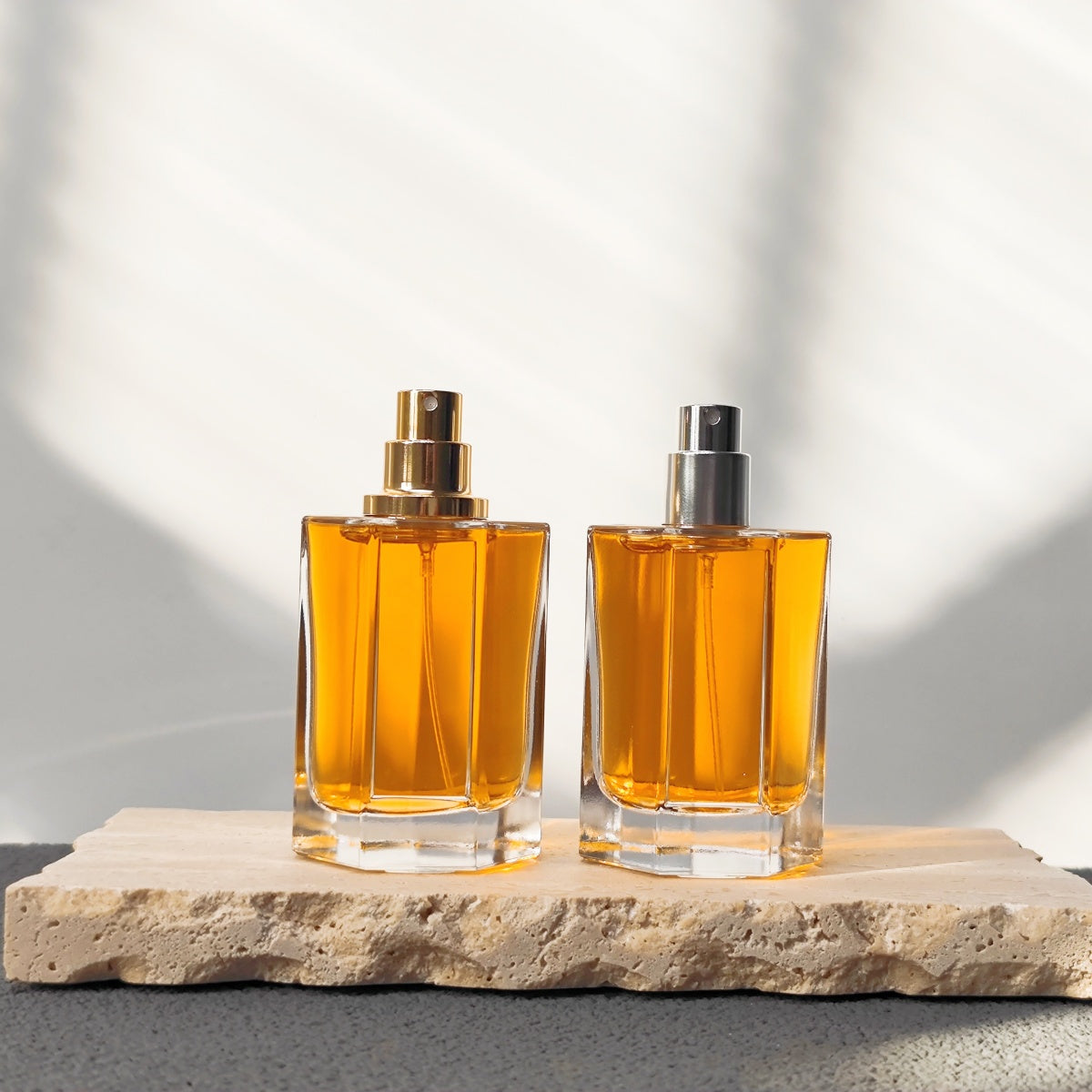 Custom 50ml Octagonal Thick Base Glass Perfume Bottle with Wood Cap Crimp Neck Perfume Container