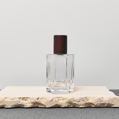 Custom 50ml Octagonal Thick Base Glass Perfume Bottle with Wood Cap Crimp Neck Perfume Container