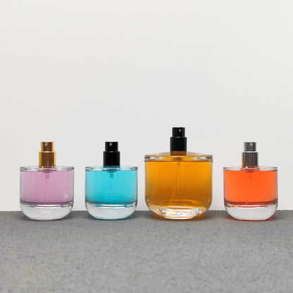 50ml & 100ml Cylinder Glass Perfume Bottles with Pump Sprayer and Stylish Caps for Home Boutique & Display
