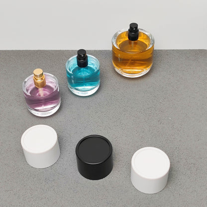 50ml & 100ml Cylinder Glass Perfume Bottles with Pump Sprayer and Stylish Caps for Home Boutique & Display