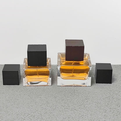 Luxury Square Glass Crimp Neck 50ml 100ml Empty Perfume Bottles with Pump Sprayer Screen Printing Wood and Plastic