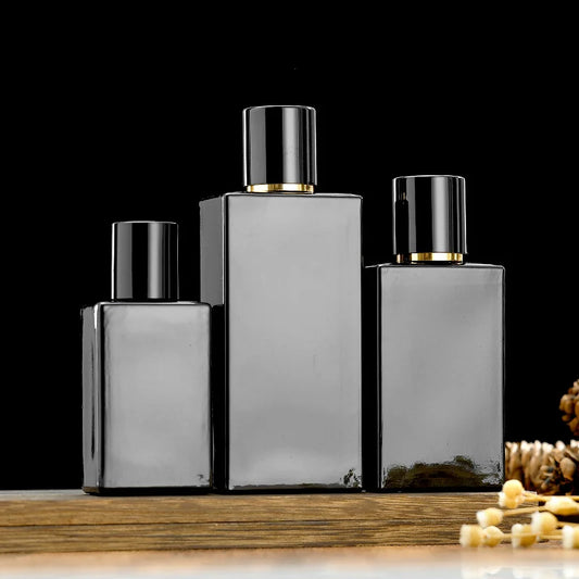 Black Square Perfume Bottle with Pump Sprayer and Lid