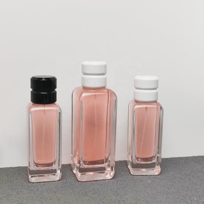 HY Glass 50ml 100ml Luxury Square Empty Perfume Glass Bottle with Spray Pump Plastic Cap or Wooden Cap for Fragrance Packaging