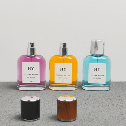 Premium 50ml Flat Easy Crimp Perfume Bottle with Luxury Round Wood Marble Textured Cap Pump Sprayer Seal Cute Design