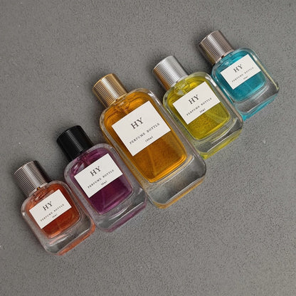 High Quality 30ml 50ml 100ml Flat Crimp Neck Glass Perfume Bottles Rounded Rectangular Base Screen Printed Beautiful Ribbed Cap