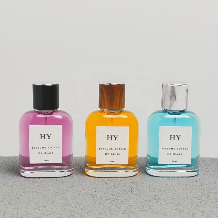 Premium 50ml Flat Easy Crimp Perfume Bottle with Luxury Round Wood Marble Textured Cap Pump Sprayer Seal Cute Design