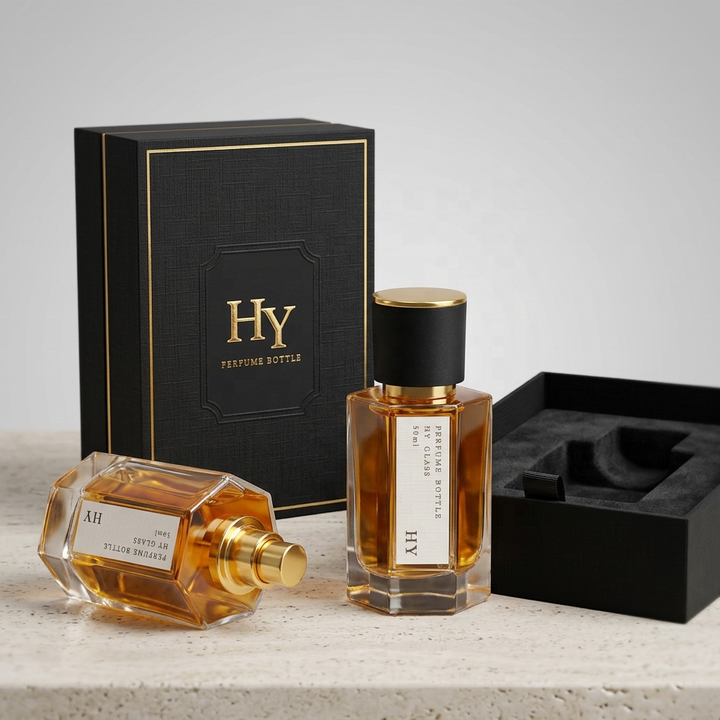 Luxury 50ml Pressurized Atomizer Glass Perfume Bottle Octagon Shape Thick Bottom Fragrance Packaging Gold Spray Screen Printing