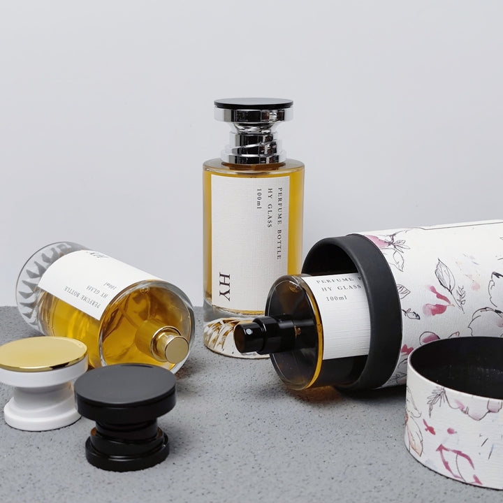 Luxury Cylinder Glass Perfume Bottle with Pump Sprayer Empty 15mm Crimp Neck 100ml Capacity Plastic Cap & Box