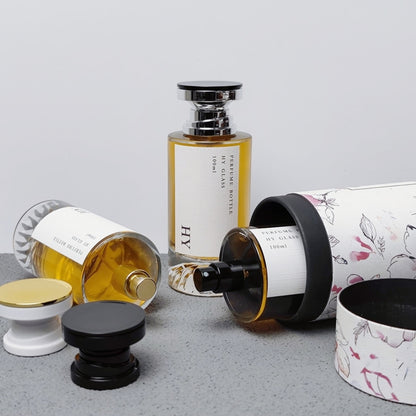 Luxury Cylinder Glass Perfume Bottle with Pump Sprayer Empty 15mm Crimp Neck 100ml Capacity Plastic Cap & Box