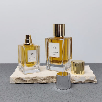 Premium Thick Glass 50ml 100ml Wavy Design Square Perfume Bottle Ribbed Gold Silver Vertical Stripe Cap Screen Printed Pump