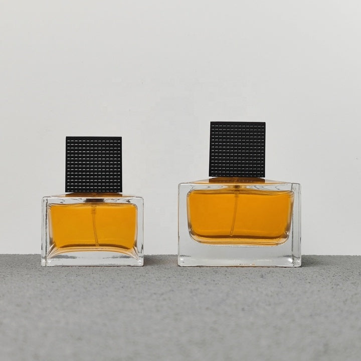 Luxury Square Glass Crimp Neck 50ml 100ml Empty Perfume Bottles with Pump Sprayer Screen Printing Wood and Plastic