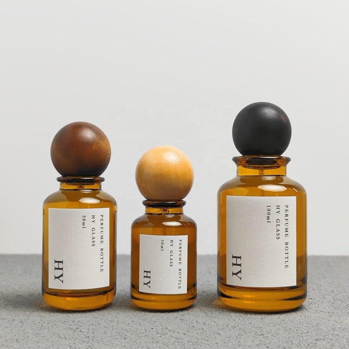 High Quality 30ml 50ml 100ml Crimp Neck Amber Perfume Bottles with Wooden for Ball Caps and Pump Sprayer Wholesale