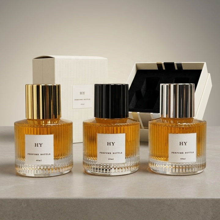 Recyclable 40ml Short Cylinder Glass Perfume Bottle with Ribbed Gold/Silver/Black Cap Empty and Sealed with Pump Sprayer
