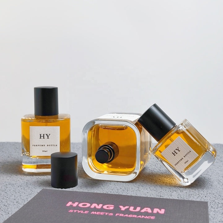 Wholesale High-End Elegant Square Thick Glass Perfume Bottles 30ml 50ml 100ml Crimp Type Matte Black Cap Pump Sprayer Sealing