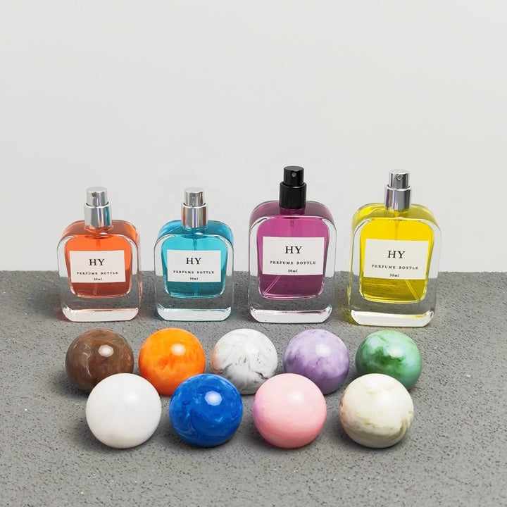 Wholesale 30ml 50ml Flat Glass Perfume Bottles Rounded Rectangle with Colorful Marble Pattern and Pump Sprayer for Ball Caps