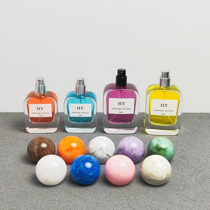 Wholesale 30ml 50ml Flat Glass Perfume Bottles Rounded Rectangle with Colorful Marble Pattern and Pump Sprayer for Ball Caps