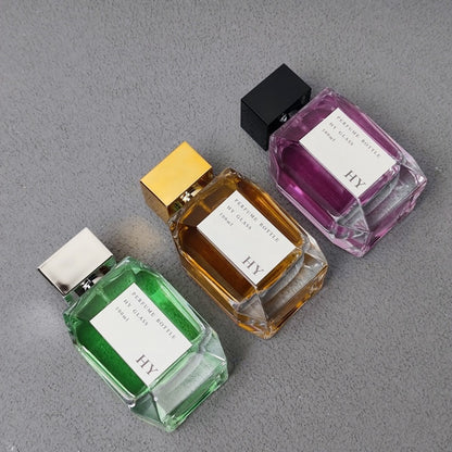 Luxury 100 ml Special Square Glass Empty Pressurized Perfume Bottle Customizable with Glossy Caps in Gold Silver Black