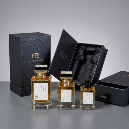 30ml 50ml 100ml Square Luxury Empty Perfume Cologne Bottle Crimp Neck with Atomizer and Unique Designed Gold Top Cap