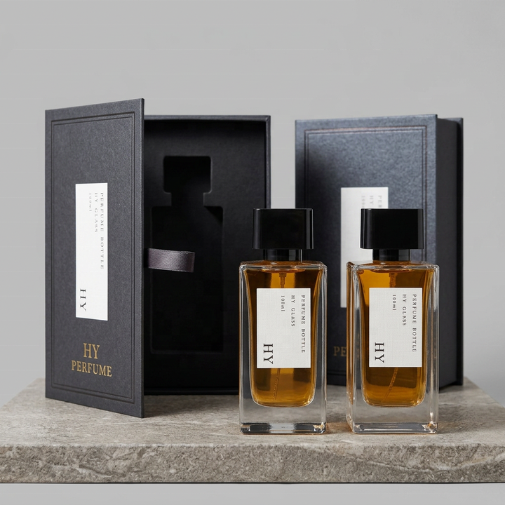 Square and Tall Design 100ml Bulk Perfume Empty Spray Bottles with Glossy Black Cap Screen Printing Pump Sprayer Glass