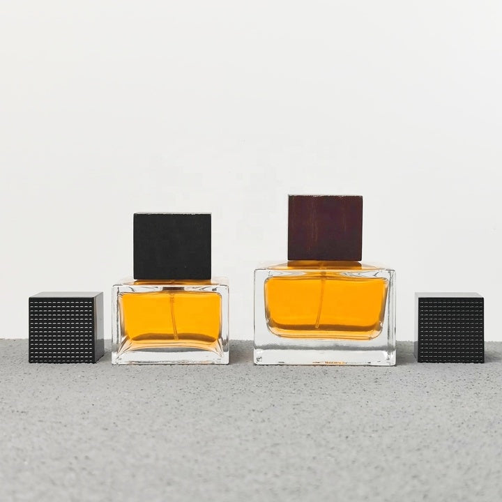 Luxury Square Glass Crimp Neck 50ml 100ml Empty Perfume Bottles with Pump Sprayer Screen Printing Wood and Plastic