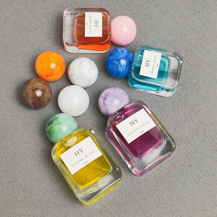 Wholesale 30ml 50ml Flat Glass Perfume Bottles Rounded Rectangle with Colorful Marble Pattern and Pump Sprayer for Ball Caps