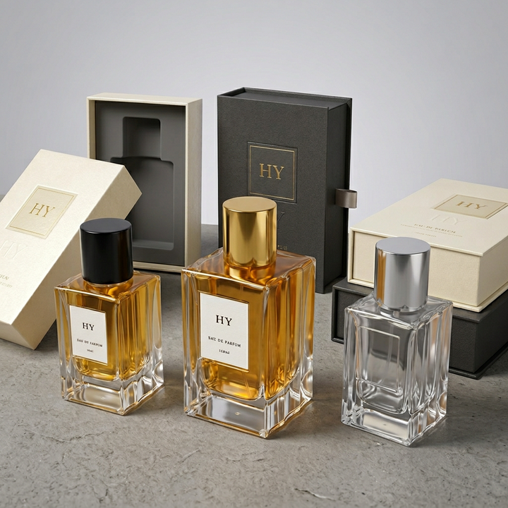 50ml 100ml Clear Glass Square Bottle Wavy Sides for Perfume Screen Printed Black Gold Silver Ribbed Cylinder Cap Pump Sprayer