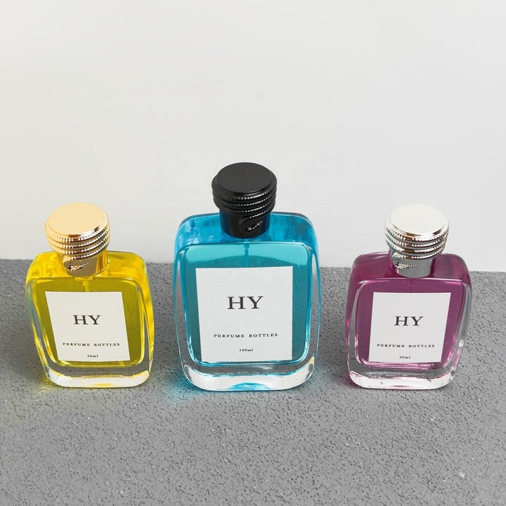 Luxury Flat Glass Perfume Spray Bottles 50ml 100ml Heavy Base Stock Bold Snake Caps Pump Crimp Neck Design Screen Printing