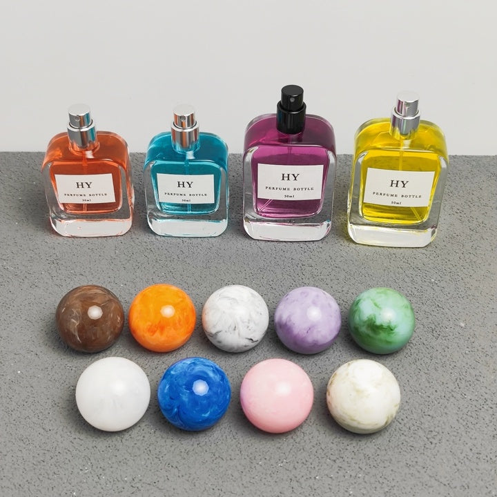 Wholesale 30ml 50ml Flat Glass Perfume Bottles Rounded Rectangle with Colorful Marble Pattern and Pump Sprayer for Ball Caps