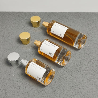 Luxury Tall Cylinder Glass Perfume Bottles 30ml 50ml 100ml Unique Bottom with Pump Sprayer Atomizer and Gold Silver Caps