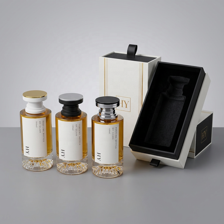 New Product Unique Bottom Transparent Cylinder Crimp Neck Glass Bottle for Perfume Oil 100 ml with Pump Atomizer