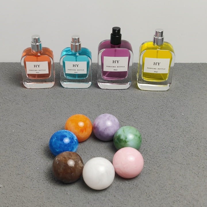 Wholesale 30ml 50ml Flat Glass Perfume Bottles Rounded Rectangle with Colorful Marble Pattern and Pump Sprayer for Ball Caps