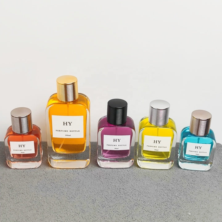 High Quality 30ml 50ml 100ml Flat Crimp Neck Glass Perfume Bottles Rounded Rectangular Base Screen Printed Beautiful Ribbed Cap