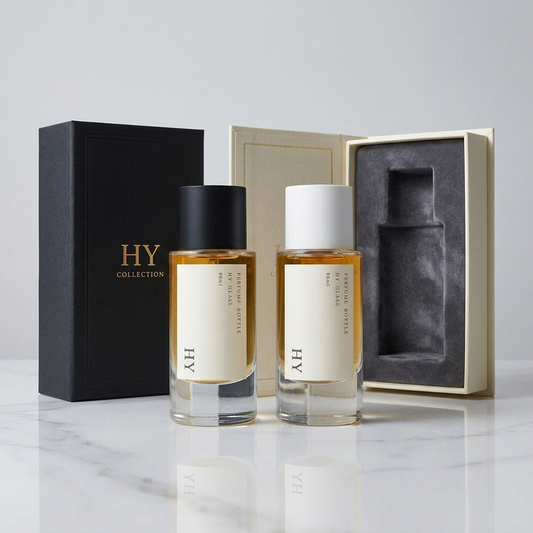 Custom 80ml Luxury Glass Transparent Cylinder Perfume Bottle Minimalist Black White Caps Screen Printing Pump Sprayer Wholesale