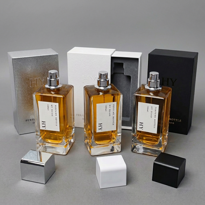 Luxury 100ml Thick Bottom Clear Glass Square Perfume Bottle Screen Printed White Black Glossy Silver Magnetic Cap Pump Sprayer