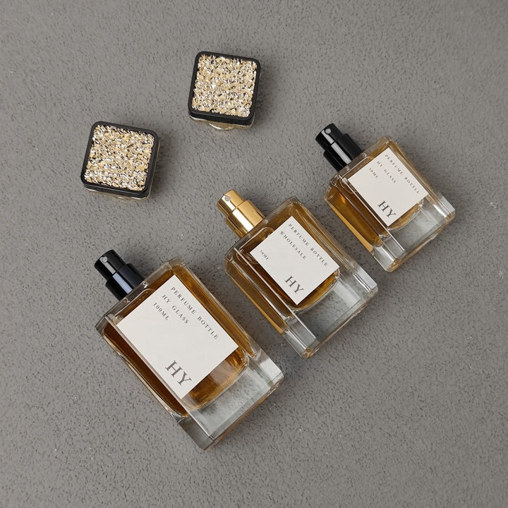 30ml 50ml 100ml Square Luxury Empty Perfume Cologne Bottle Crimp Neck with Atomizer and Unique Designed Gold Top Cap