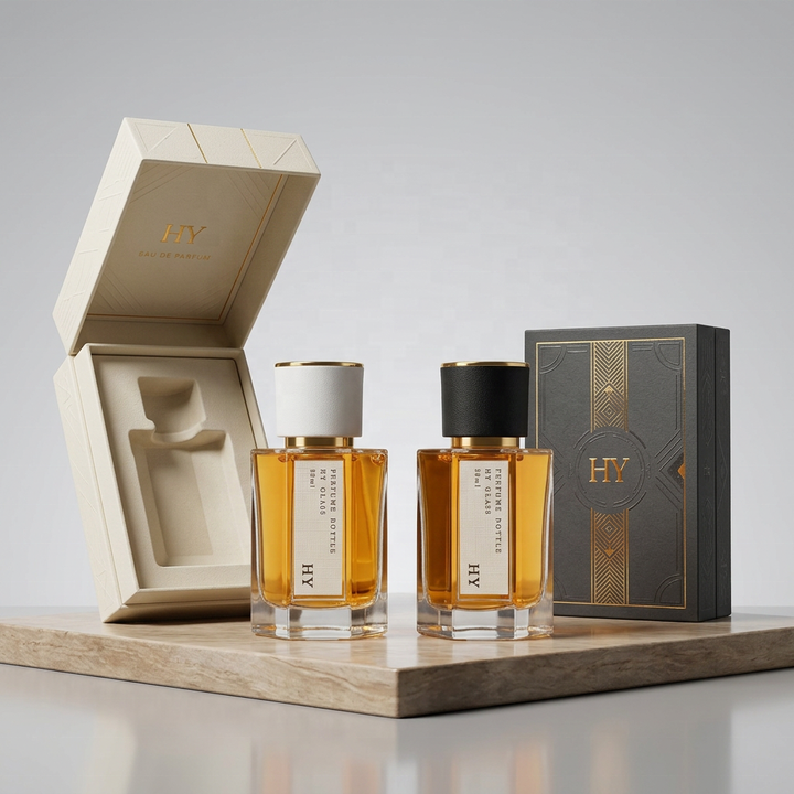 Luxury 50ml Pressurized Atomizer Glass Perfume Bottle Octagon Shape Thick Bottom Fragrance Packaging Gold Spray Screen Printing